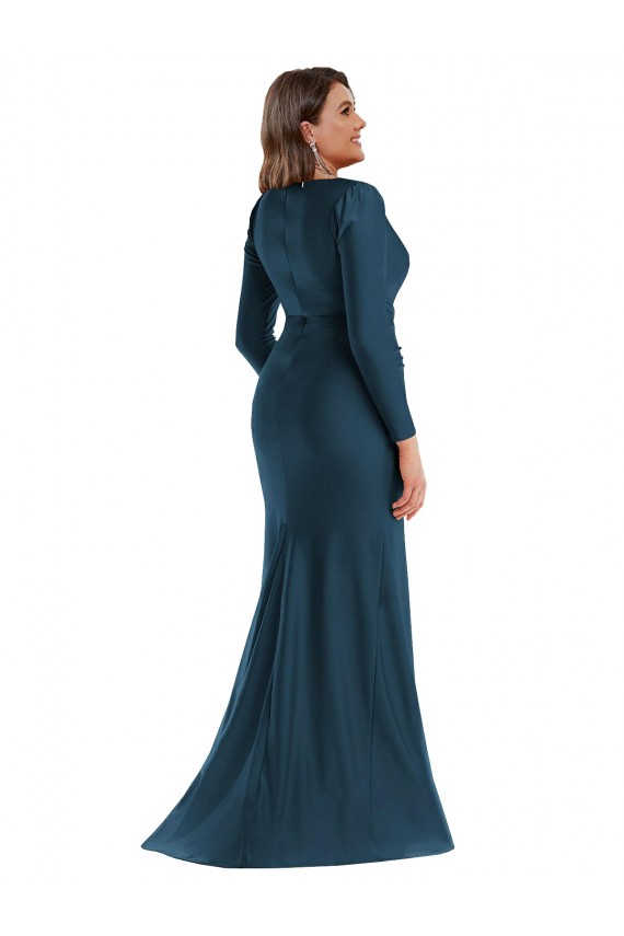 Long Sleeves V-Neck Silk like Satin Atlantic Blue Long Formal Plus Size Evening Gown / Prom Dress / Bridesmaid Dress Leicester