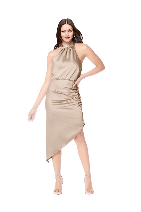 Sleeveless Halter Neck Silk like Satin Champagne Pink Midi Length High Low Prom Dress / Bridesmaid Dress Leicester