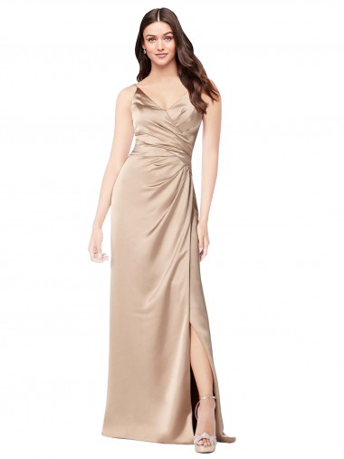 Sleeveless V-Neck Silk like Satin Champagne Pink Long Formal Evening Gown / Prom Dress / Bridesmaid Dress Leicester