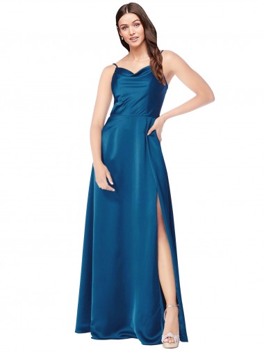 Sleeveless Cowl Neck Silk like Satin Peacock Blue Long Formal Evening Gown / Prom Dress / Bridesmaid Dress Leicester