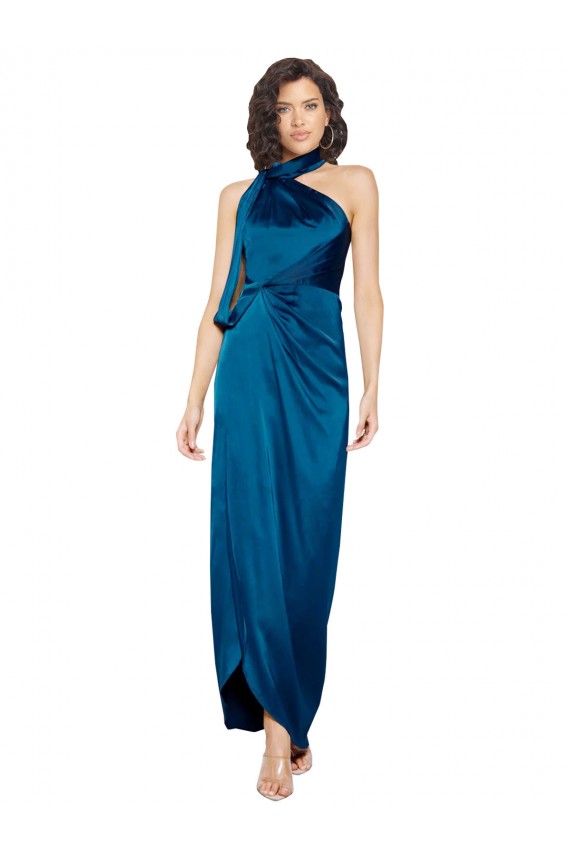 Sleeveless High Neck Silk like Satin Peacock Blue Long Formal Evening Gown / Prom Dress / Bridesmaid Dress Leicester