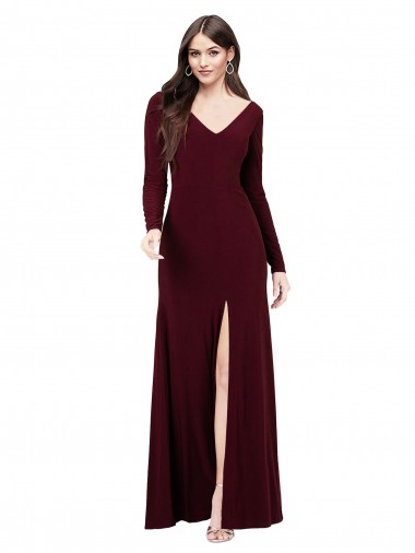 Long Sleeves V-Neck Spandex Burgundy Gold Long Prom Dress / Bridesmaid Dress Leicester