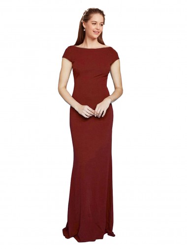 Cap Sleeves Round Neck Stretch Crepe Burgundy Long Formal Evening Gown / Prom Dress / Bridesmaid Dress Leicester