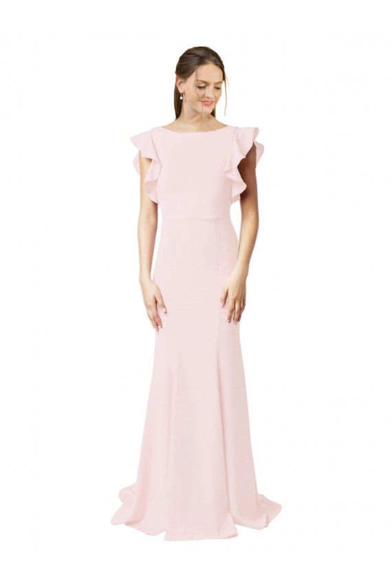 Ruffle Sleeves Jewel Neck Stretch Crepe Pink Sweep Train Black Tie Prom Dress / Bridesmaid Dress Leicester