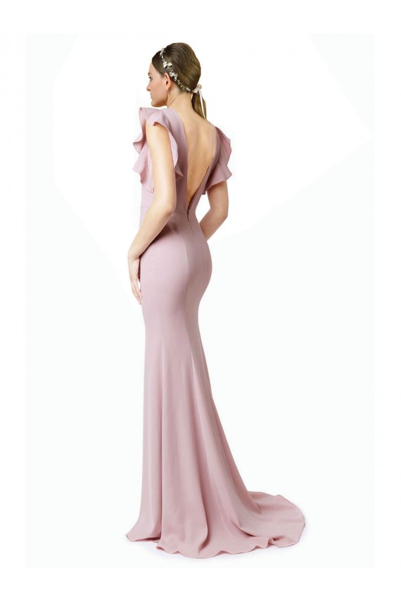 Ruffle Sleeves Jewel Neck Stretch Crepe Pink Sweep Train Black Tie Prom Dress / Bridesmaid Dress Leicester
