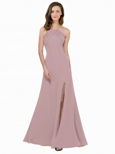 Sleeveless High Neck Stretch Crepe Dusty Pink A-Line Long Prom Dress / Bridesmaid Dress Leicester