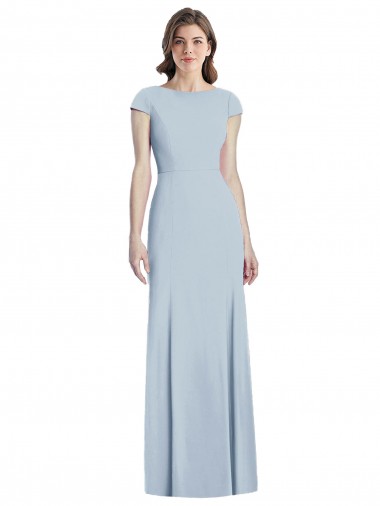 Cap Sleeves Bateau Neck Stretch Crepe Light Sky Blue Long Formal Dress / Bridesmaid Dress Leicester