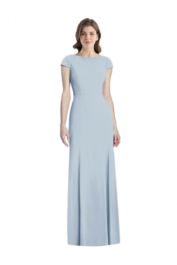 Cap Sleeves Bateau Neck Stretch Crepe Light Sky Blue Long Formal Dress / Bridesmaid Dress Leicester