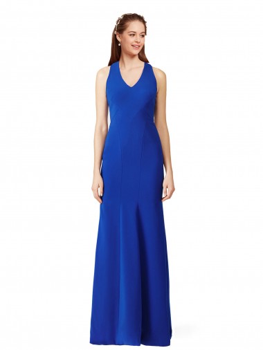 Sleeveless V-Neck Stretch Crepe Royal Blue Long Formal Evening Gown / Prom Dress / Bridesmaid Dress Leicester