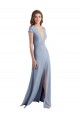 Cap Sleeves High Neck Stretch Crepe Smoke Blue Long Prom Dress / Bridesmaid Dress Leicester