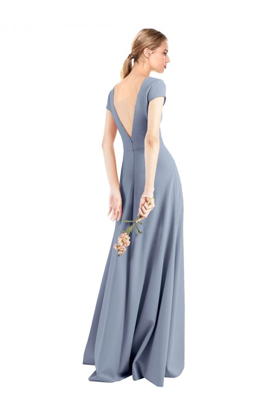 Cap Sleeves High Neck Stretch Crepe Smoke Blue Long Prom Dress / Bridesmaid Dress Leicester