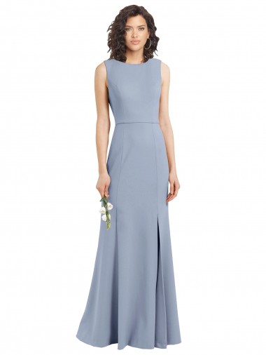 Sleeveless High Neck Stretch Crepe Smoke Blue Long Bridesmaid Dress Leicester