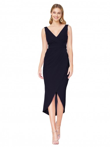 Sleeveless High Neck Stretch Crepe Dark Navy Knee Length High Low Evening Gown / Prom Dress / Bridesmaid Dress Leicester