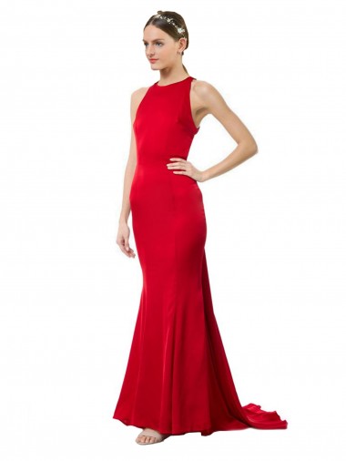 Sleeveless High Neck Stretch Crepe Red Long Formal Evening Gown / Bridesmaid Dress Leicester