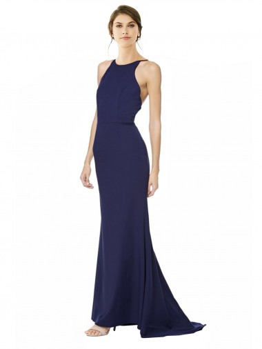 Sleeveless High Neck Stretch Crepe Navy Blue Long Formal Evening Gown / Prom Dress / Bridesmaid Dress Leicester