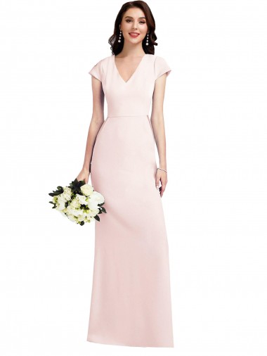 Cap Sleeves V-Neck Stretch Crepe Pink Long Formal Evening Gown / Prom Dress / Bridesmaid Dress Leicester
