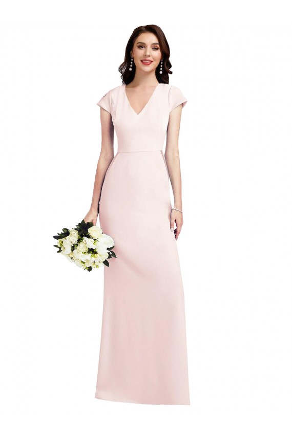 Cap Sleeves V-Neck Stretch Crepe Pink Long Formal Evening Gown / Prom Dress / Bridesmaid Dress Leicester