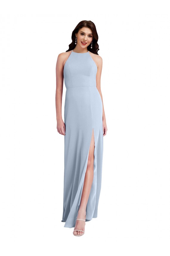 Sleeveless High Neck Stretch Crepe Light Sky Blue Sheath Long Formal Evening Gown / Prom Dress / Bridesmaid Dress Leicester