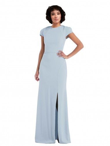 Cap Sleeves Jewel Neck Stretch Crepe Light Sky Blue Long Semi Formal Evening Dress / Bridesmaid Dress Leicester