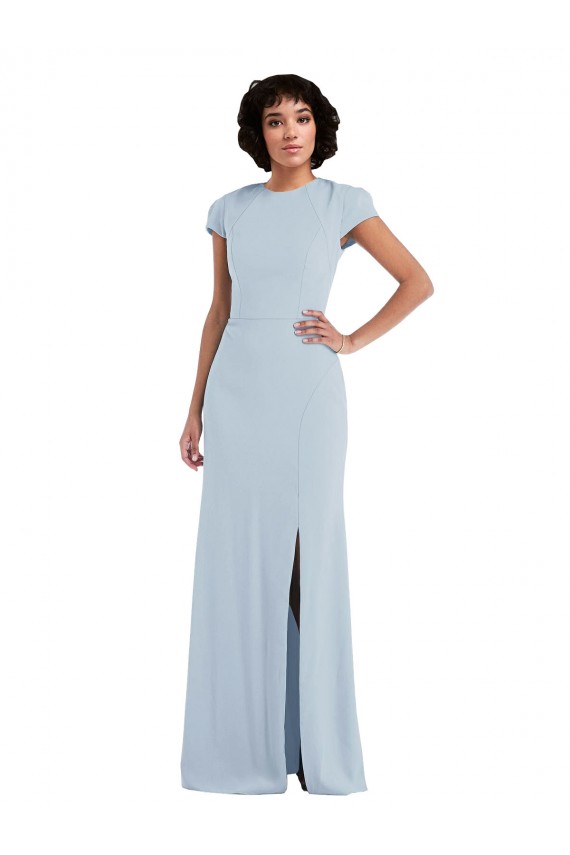 Cap Sleeves Jewel Neck Stretch Crepe Light Sky Blue Long Semi Formal Evening Dress / Bridesmaid Dress Leicester