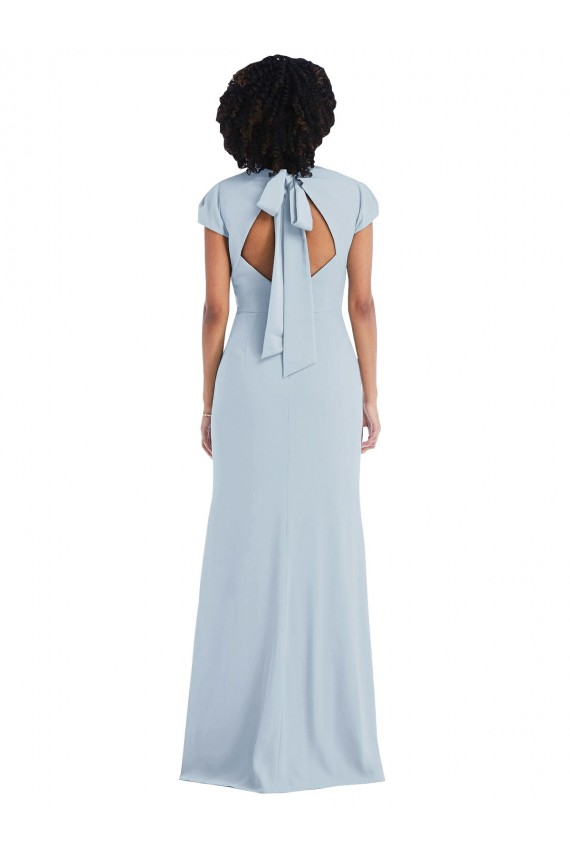Cap Sleeves Jewel Neck Stretch Crepe Light Sky Blue Long Semi Formal Evening Dress / Bridesmaid Dress Leicester