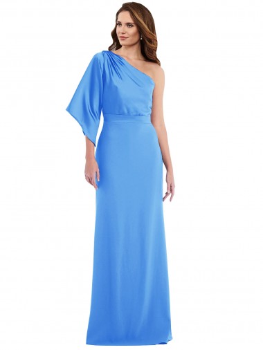 Bell Sleeves One Shoulder Stretch Crepe Peacock Blue Long Semi Formal Evening Dress / Prom Dress / Bridesmaid Dress Leicester