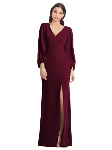 Puff Sleeves V-Neck Stretch Crepe Burgundy Gold Long Semi Formal Evening Dress / Prom Dress / Bridesmaid Dress Leicester