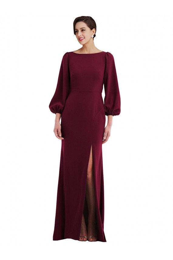 Long Sleeves Bateau Neck Stretch Crepe Burgundy Gold Long Formal Evening Gown / Prom Dress / Bridesmaid Dress Leicester