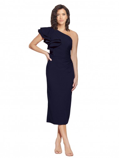 Sleeveless One Shoulder Stretch Crepe Dark Navy Midi Length Formal Evening Gown / Prom Dress / Bridesmaid Dress Leicester