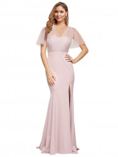 Short Sleeves Sweetheart Stretch Crepe & Tulle Mauve Long Formal Evening Gown / Prom Dress / Bridesmaid Dress Leicester