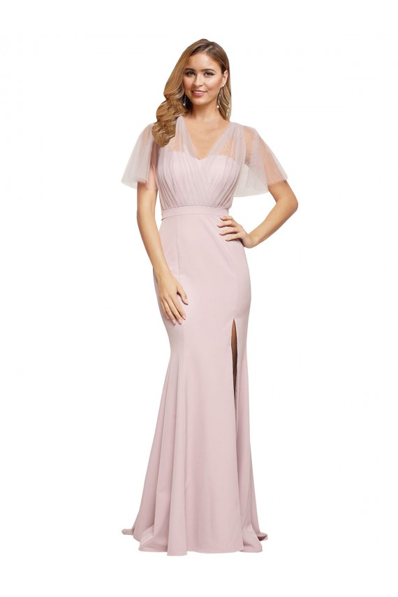 Short Sleeves Sweetheart Stretch Crepe & Tulle Mauve Long Formal Evening Gown / Prom Dress / Bridesmaid Dress Leicester