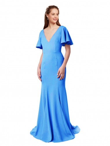Short Sleeves V-Neck Stretch Crepe Peacock Blue Sweep Train Prom Dress / Bridesmaid Dress Leicester