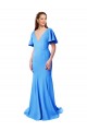 Short Sleeves V-Neck Stretch Crepe Peacock Blue Sweep Train Prom Dress / Bridesmaid Dress Leicester