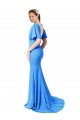 Short Sleeves V-Neck Stretch Crepe Peacock Blue Sweep Train Prom Dress / Bridesmaid Dress Leicester