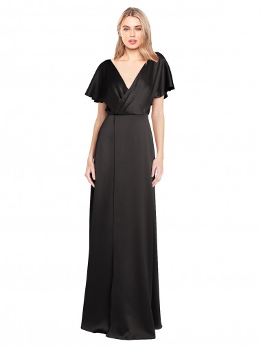 Cap Sleeves V-Neck Stretch Satin Black Long Bridesmaid Dress / Evening Dress Leicester
