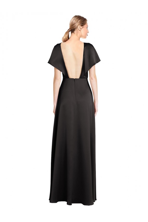 Cap Sleeves V-Neck Stretch Satin Black Long Bridesmaid Dress / Evening Dress Leicester