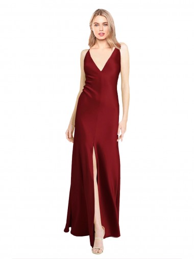 Sleeveless V-Neck Stretch Satin Burgundy Long Black Tie Evening Gown / Prom Dress / Bridesmaid Dress Leicester
