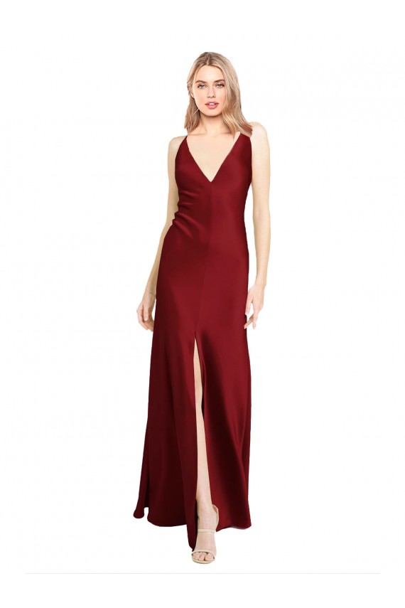 Sleeveless V-Neck Stretch Satin Burgundy Long Black Tie Evening Gown / Prom Dress / Bridesmaid Dress Leicester