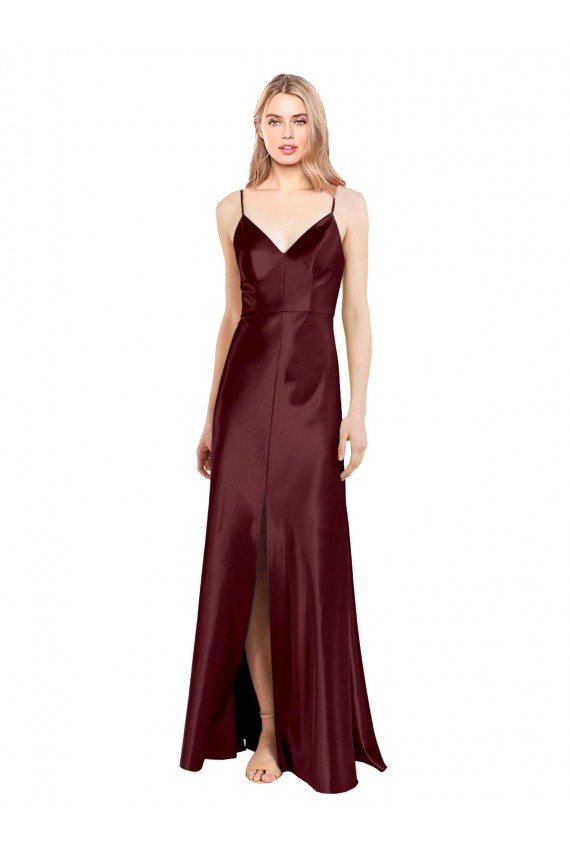 Sleeveless V-Neck Stretch Satin Burgundy Gold Long Bridesmaid Dress / Evening Dress Leicester