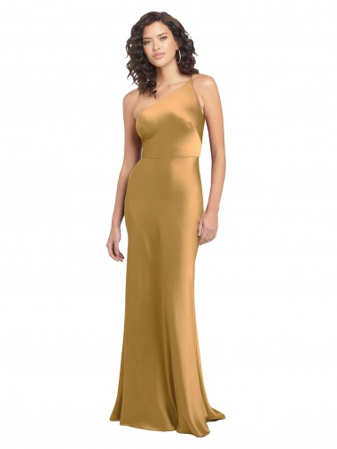 Sleeveless One Shoulder Stretch Satin Gold Long Formal Evening Gown / Prom Dress / Bridesmaid Dress Leicester