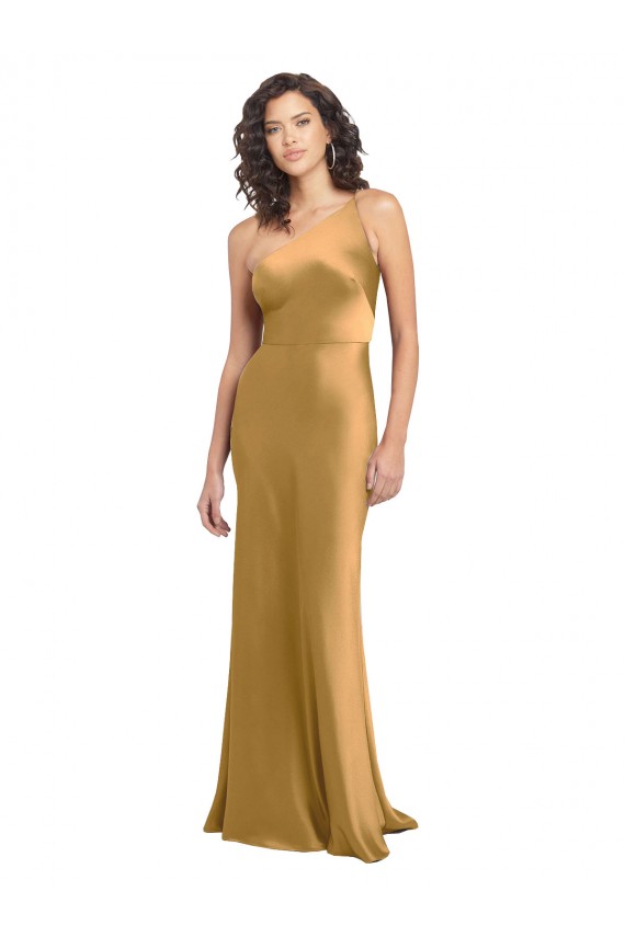 Sleeveless One Shoulder Stretch Satin Gold Long Formal Evening Gown / Prom Dress / Bridesmaid Dress Leicester