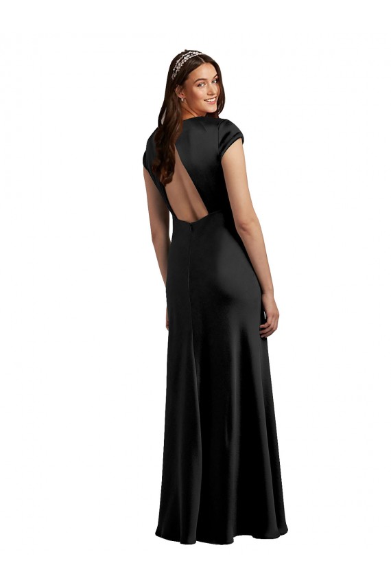 Cap Sleeves V-Neck Stretch Satin Black Long Formal Evening Gown / Prom Dress / Bridesmaid Dress Leicester