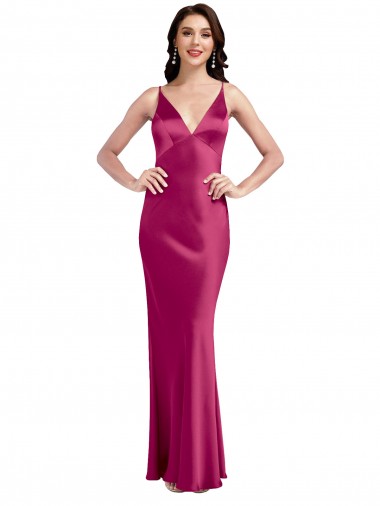 Sleeveless V-Neck Stretch Satin Fuchsia Long Formal Evening Gown / Prom Dress / Bridesmaid Dress Leicester