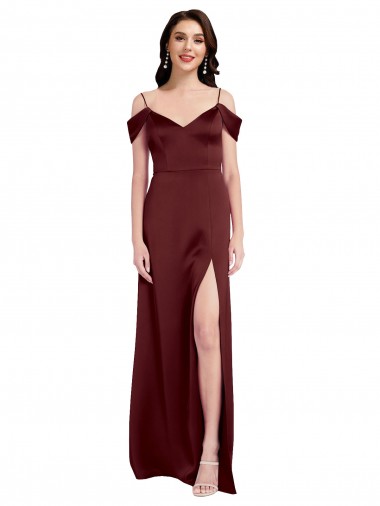 Sleeveless V-Neck Stretch Satin Burgundy Gold Long Formal Dress / Bridesmaid Dress Leicester