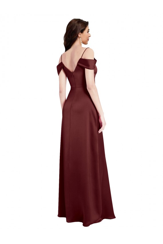 Sleeveless V-Neck Stretch Satin Burgundy Gold Long Formal Dress / Bridesmaid Dress Leicester