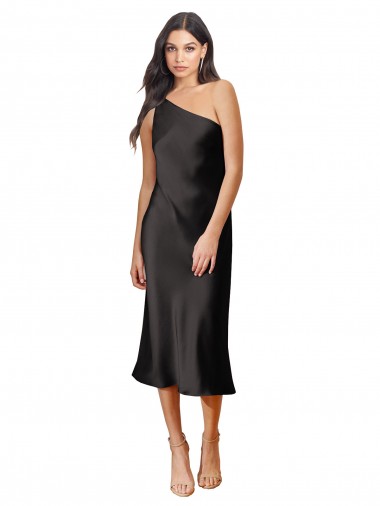 Sleeveless One Shoulder Stretch Satin Black Midi Length Black Tie Evening Dress / Prom Dress / Bridesmaid Dress Leicester