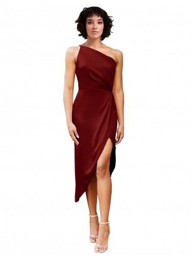 Sleeveless One Shoulder Stretch Satin Burgundy Midi Length Black Tie Evening Gown / Prom Dress / Bridesmaid Dress Leicester