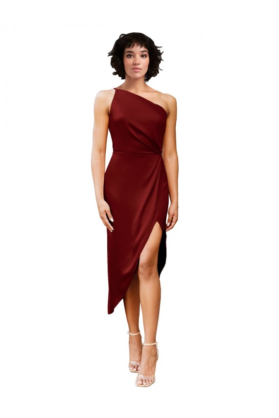 Sleeveless One Shoulder Stretch Satin Burgundy Midi Length Black Tie Evening Gown / Prom Dress / Bridesmaid Dress Leicester