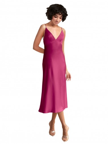 Sleeveless V-Neck Stretch Satin Fuchsia Midi Length Formal Evening Gown / Prom Dress / Bridesmaid Dress Leicester