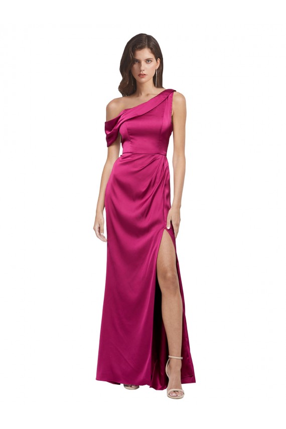 Sleeveless One Shoulder Stretch Satin Fuchsia Long Bridesmaid Dress / Evening Dress Leicester